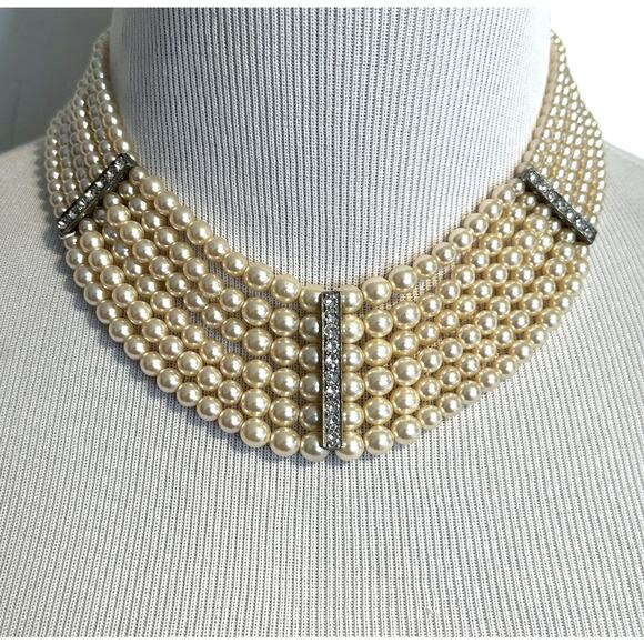 Ben-Amun Imitation Pearl Multi Strand Necklace with Crystal Cluster Vintage VTG - Picture 1 of 7